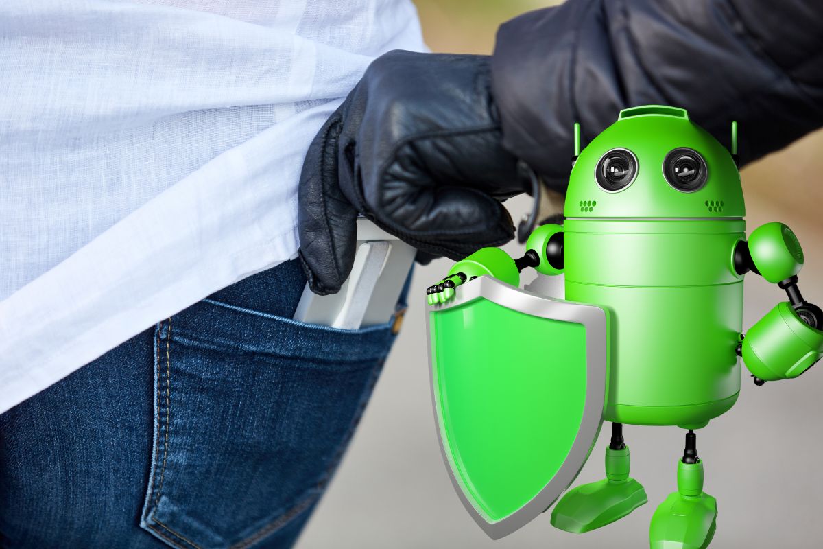 Une main vole un smartphone tandis qu'un robot Android tient un bouclier.