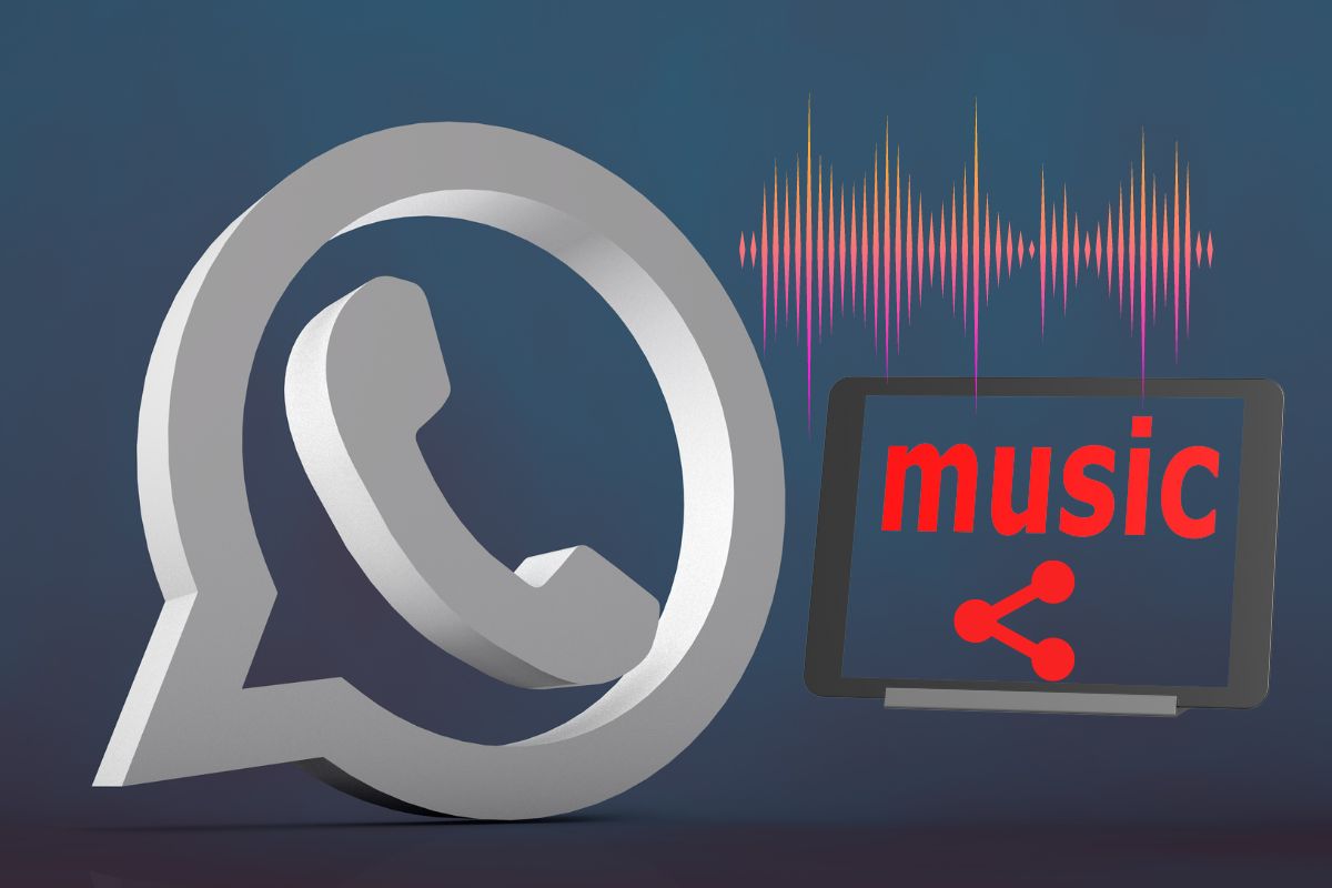 Icône de WhatsApp à côté d'une tablette affichant le mot musique.